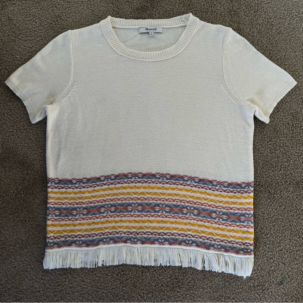 Madewell Short sleeved Cream Multicolor Knit‎ Fringe Sweater Tee, S - Picture 2 of 11